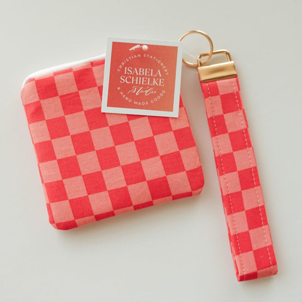 Pink Checkered Keychain + Coin Bag