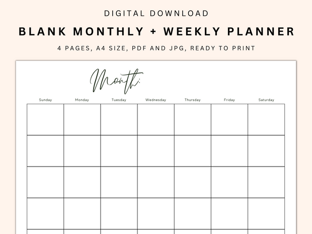 4 Pages Monthly + Weekly Planner Digital Download