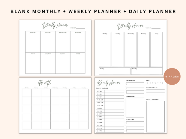 4 Pages Monthly + Weekly Planner Digital Download